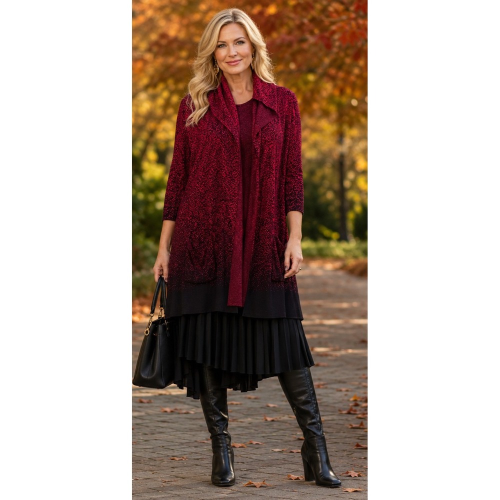 Chico's Cardigan Sweater Red Black Ombre Hooded Open Front Longline Chic Size XL